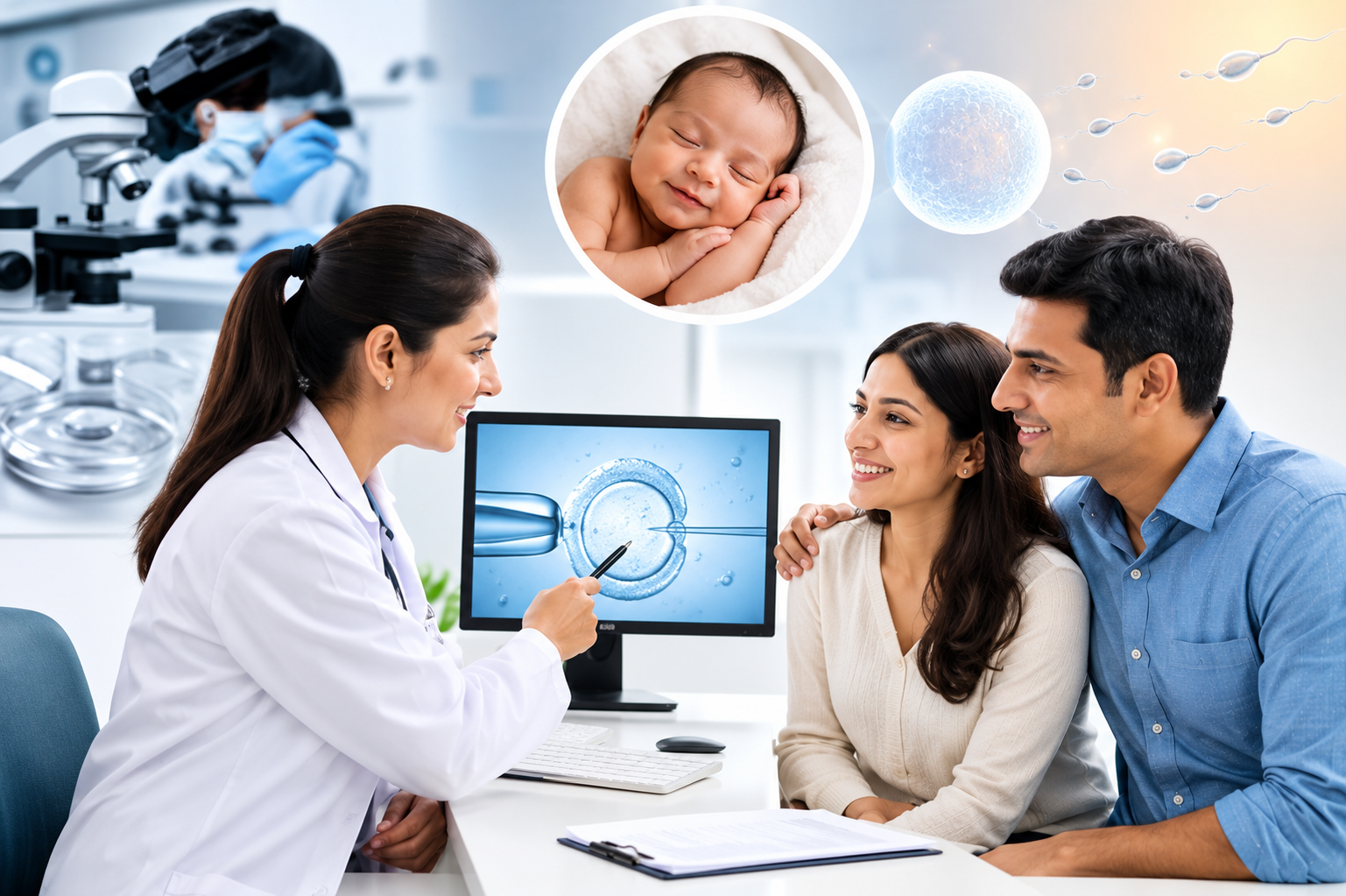Fertility doctor explaining the IVF procedure on a monitor to a smiling couple, with a newborn baby shown above