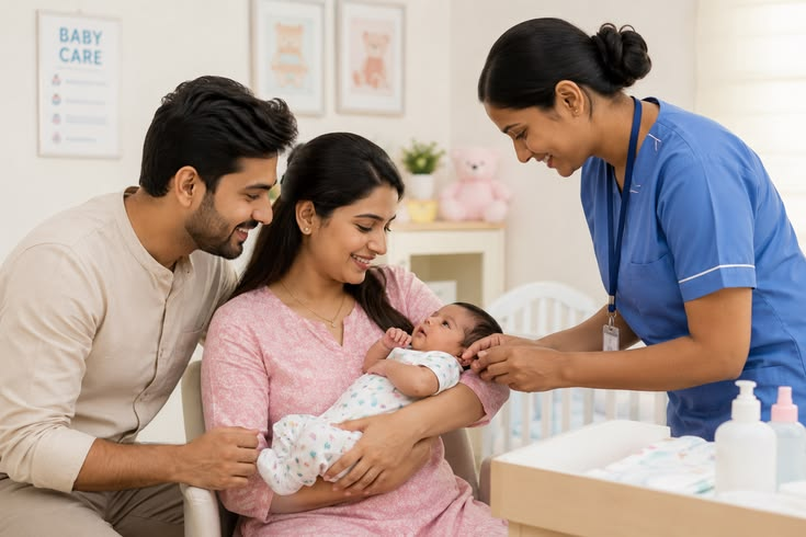 Smiling parents holding their newborn baby while a nurse gently cares for the baby